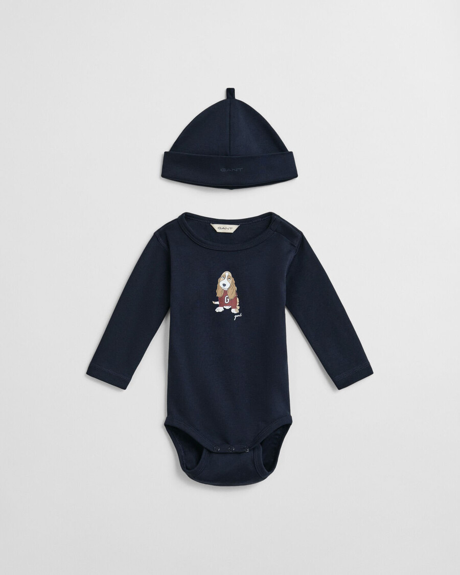 body e gorro para bebê com estampa de cachorrinho - azul noite