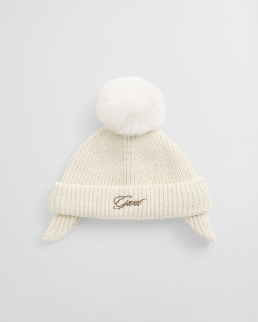 gorro de bebê com abas para orelhas e pompom - creme