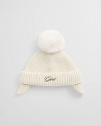 gorro de bebê com abas para orelhas e pompom - creme