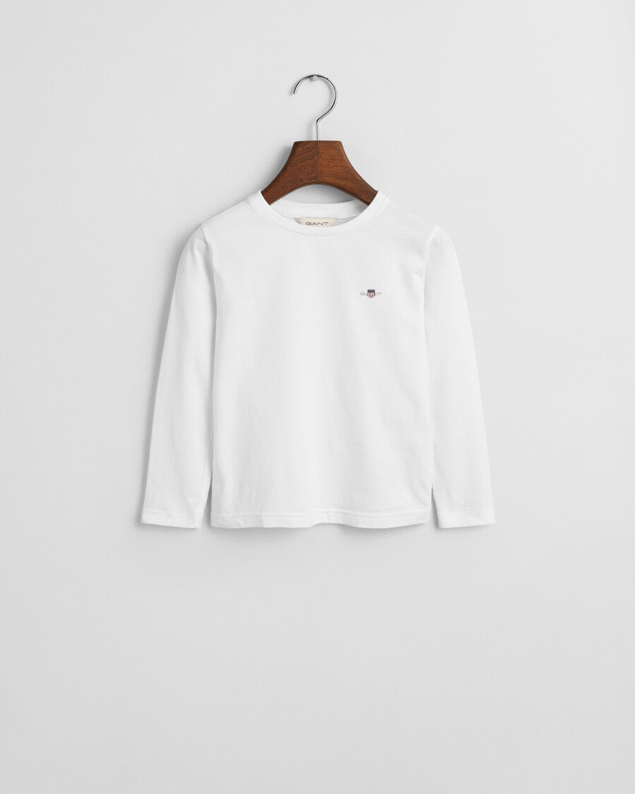 camiseta infantil de manga comprida com escudo - branca