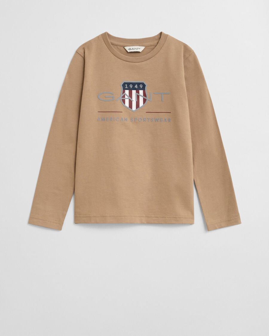 camiseta infantil de manga comprida com escudo da coleção archive - cáqui escuro