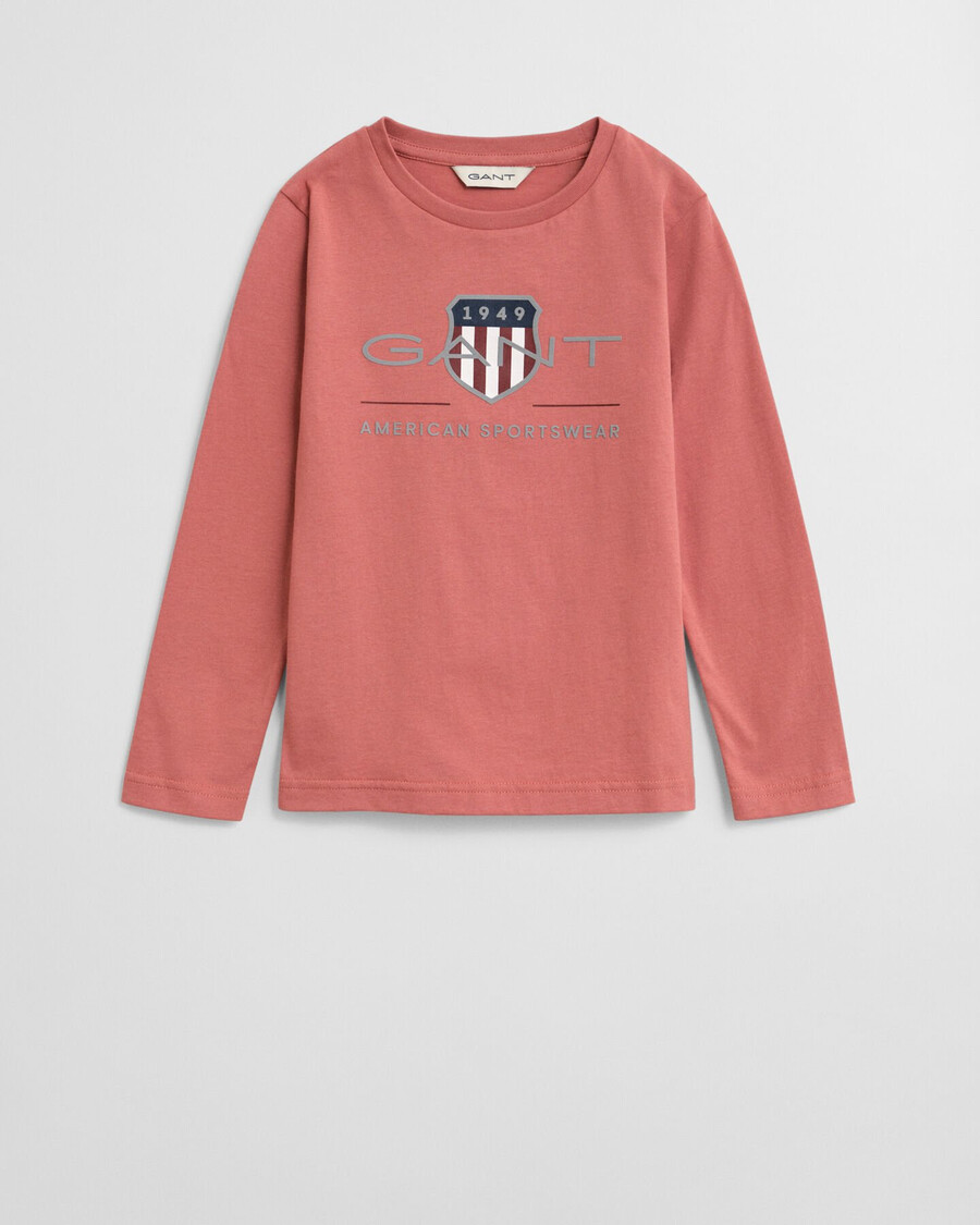 camiseta infantil de manga comprida com escudo da coleção archive - cor tijolo desbotado