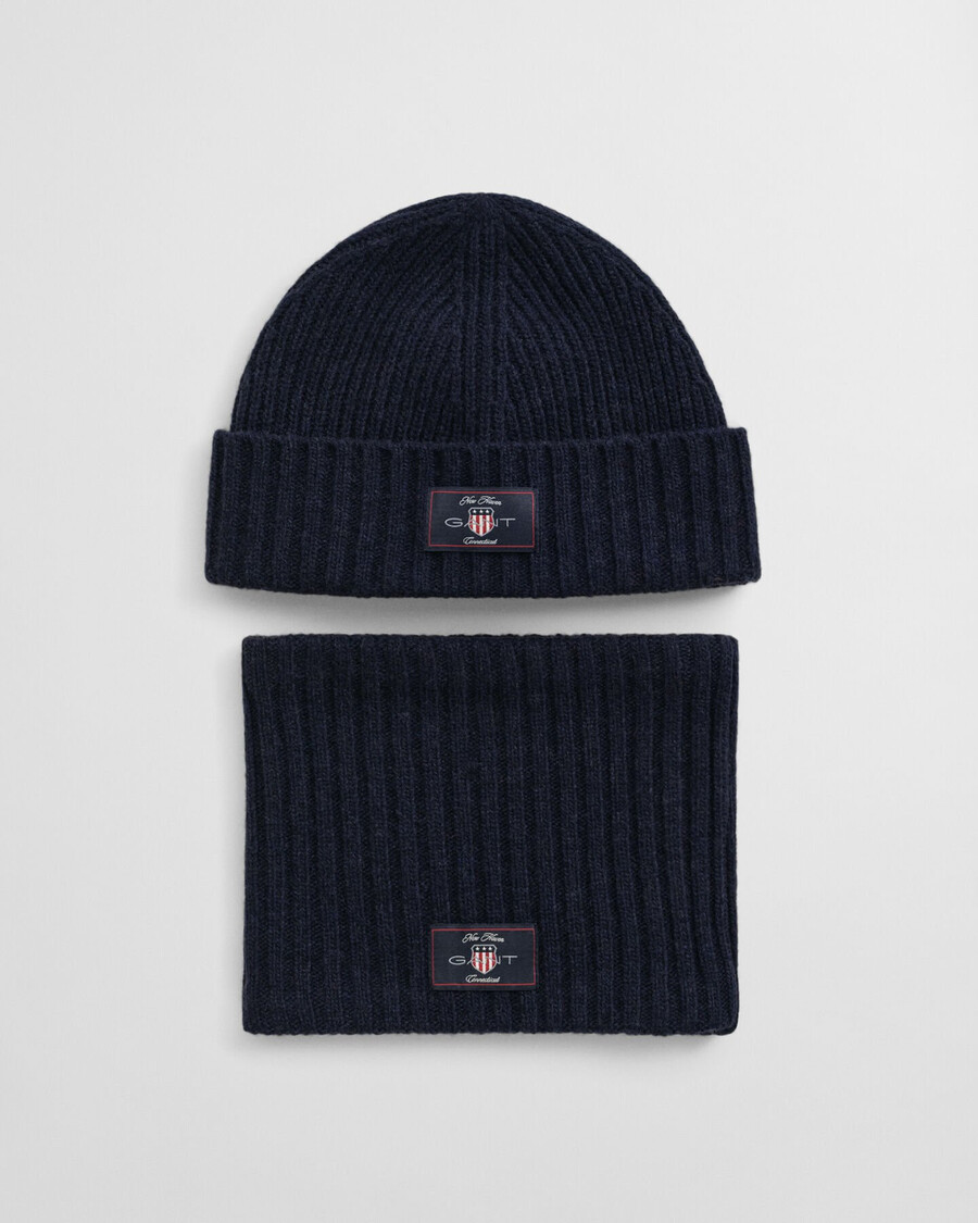 conjunto de presente infantil com gorro e cachecol de lã mista - azul noite