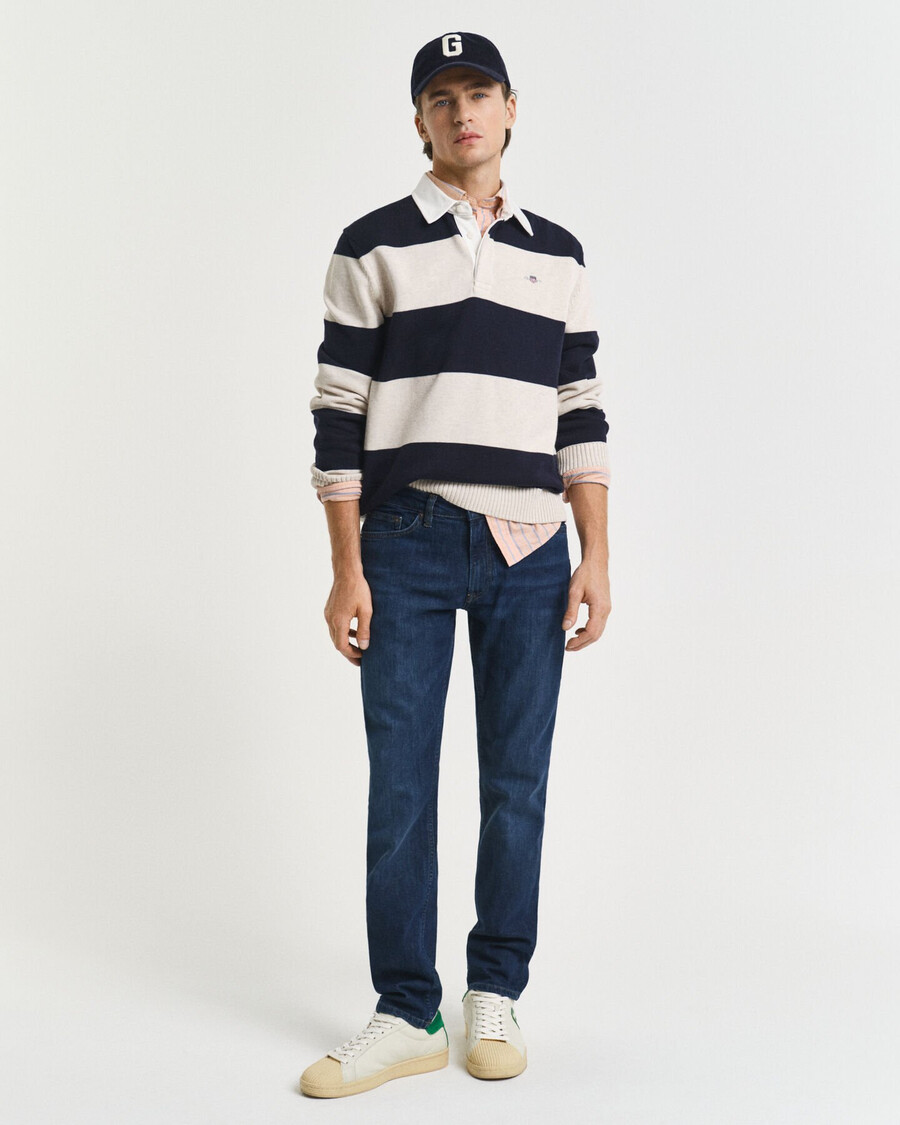 calça jeans slim fit - azul escuro com efeito desgastado