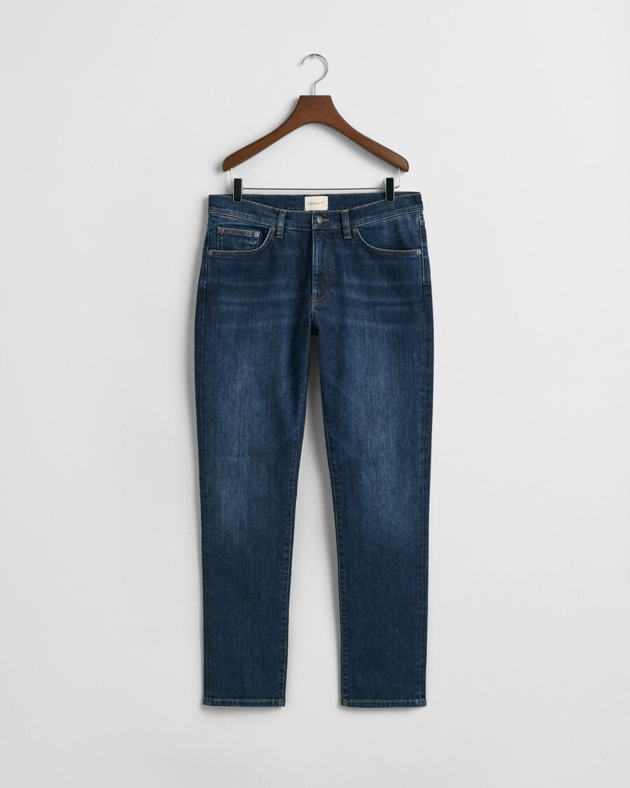 calça jeans slim fit - azul escuro com efeito desgastado