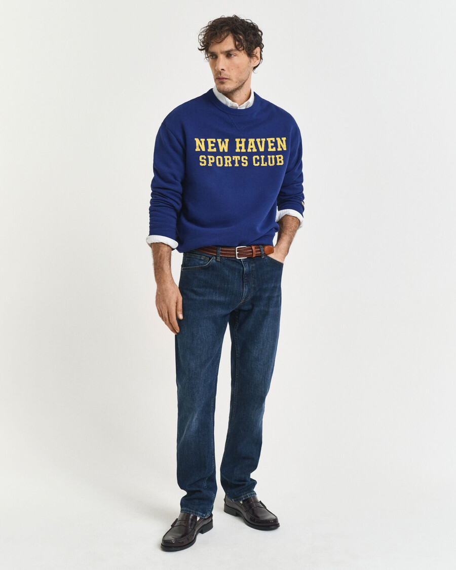 calça jeans de corte reto - azul escuro com efeito desgastado