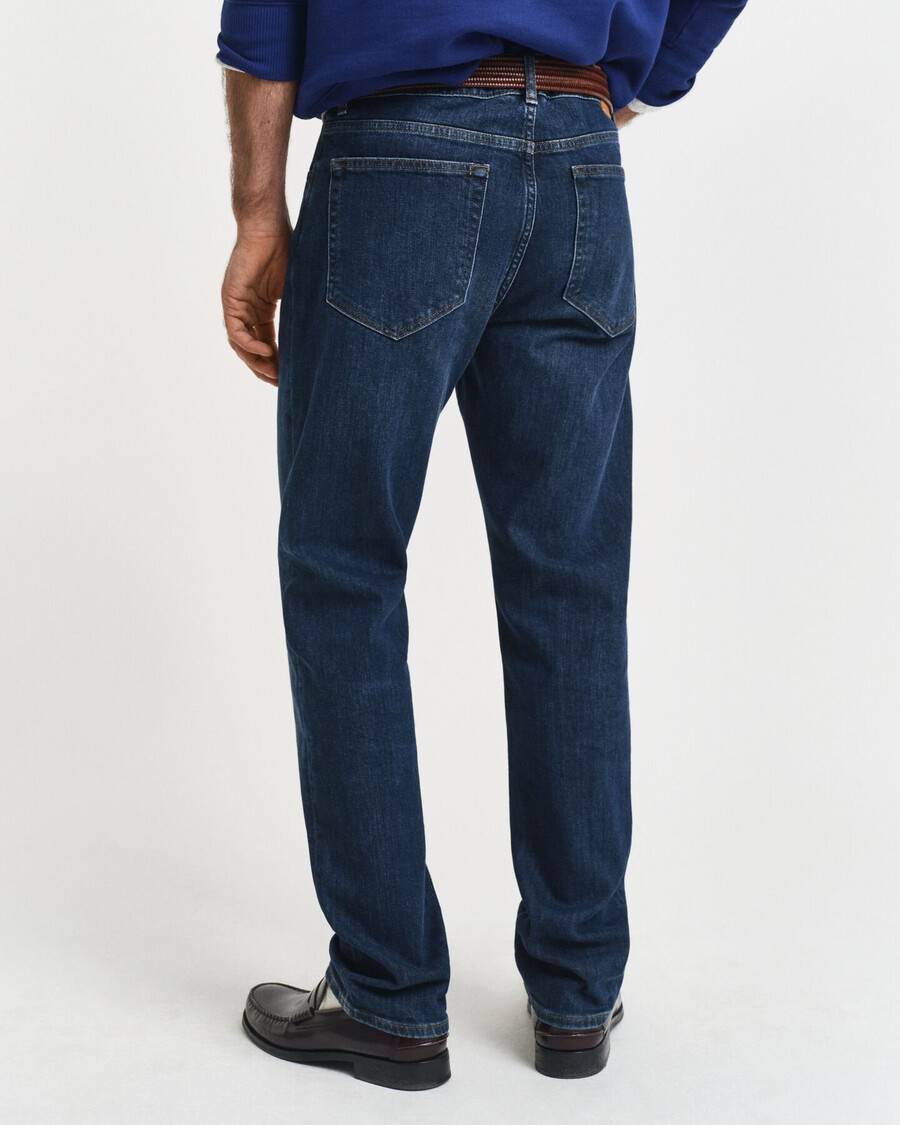 calça jeans de corte reto - azul escuro com efeito desgastado