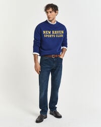 calça jeans de corte reto - azul escuro com efeito desgastado