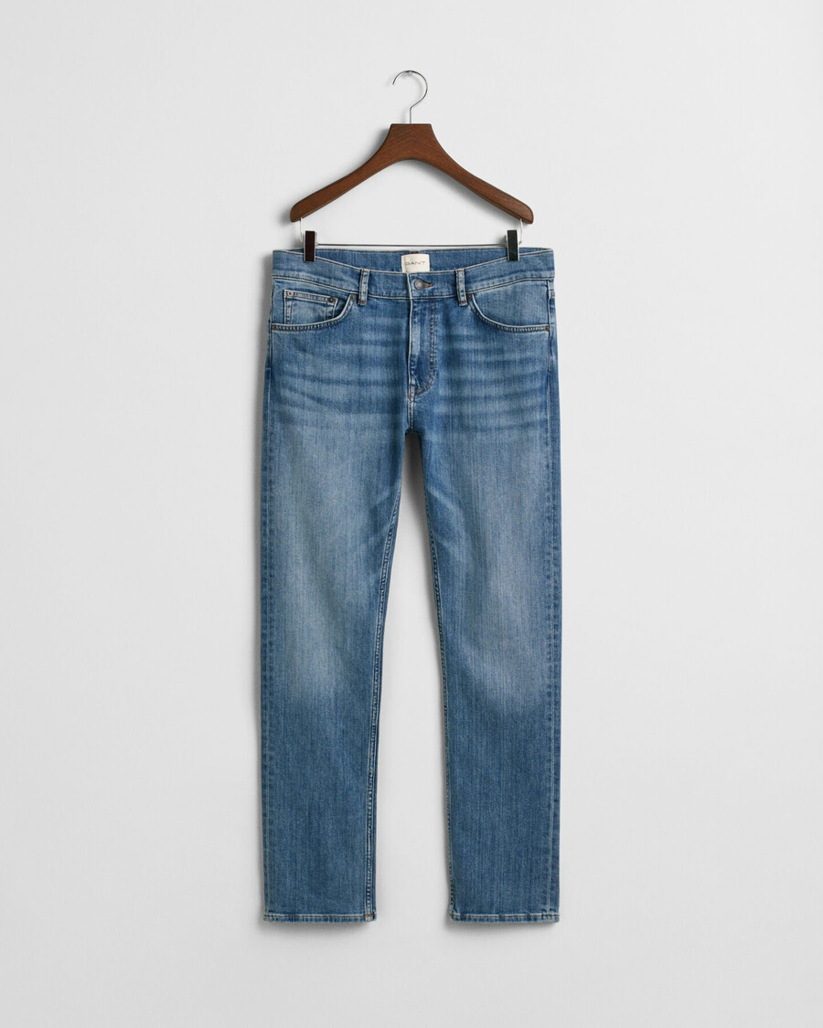 calça jeans de corte regular - azul médio com efeito desgastado