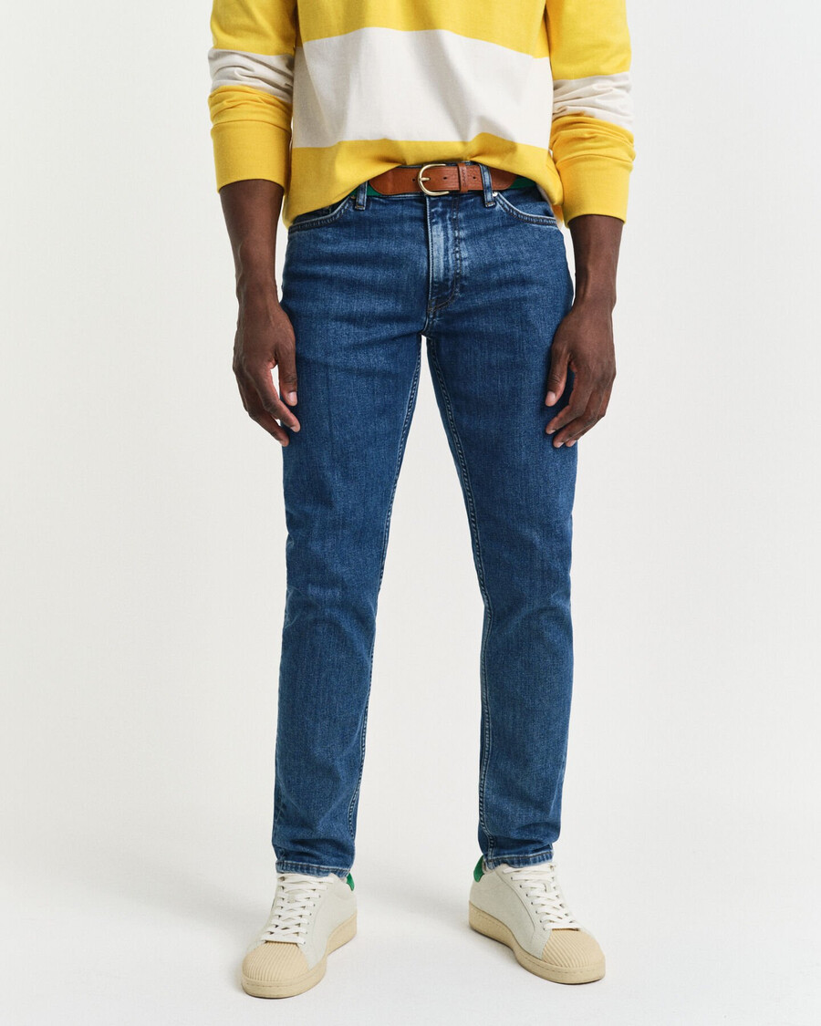 calça jeans slim fit com lavagem clara - azul médio vintage