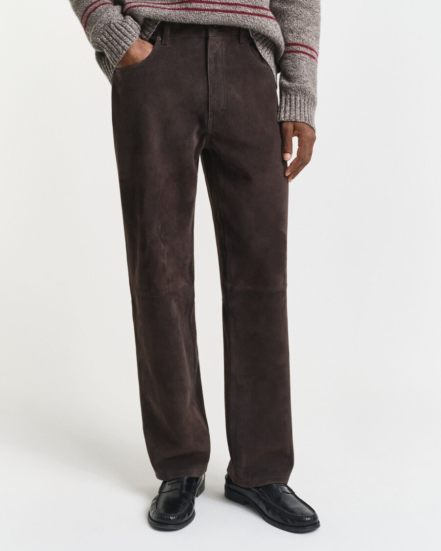 calça jeans reta de camurça - marrom escuro
