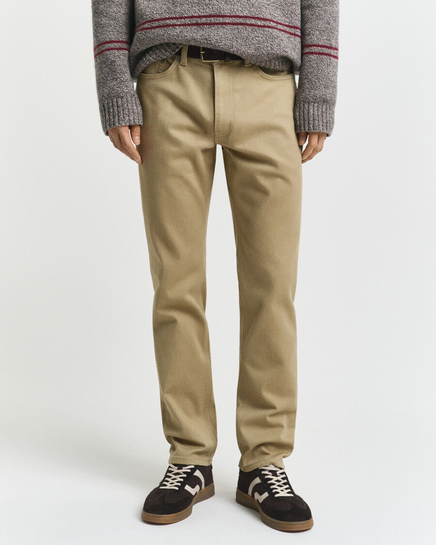 calça jeans de sarja macia com corte regular - bege woody