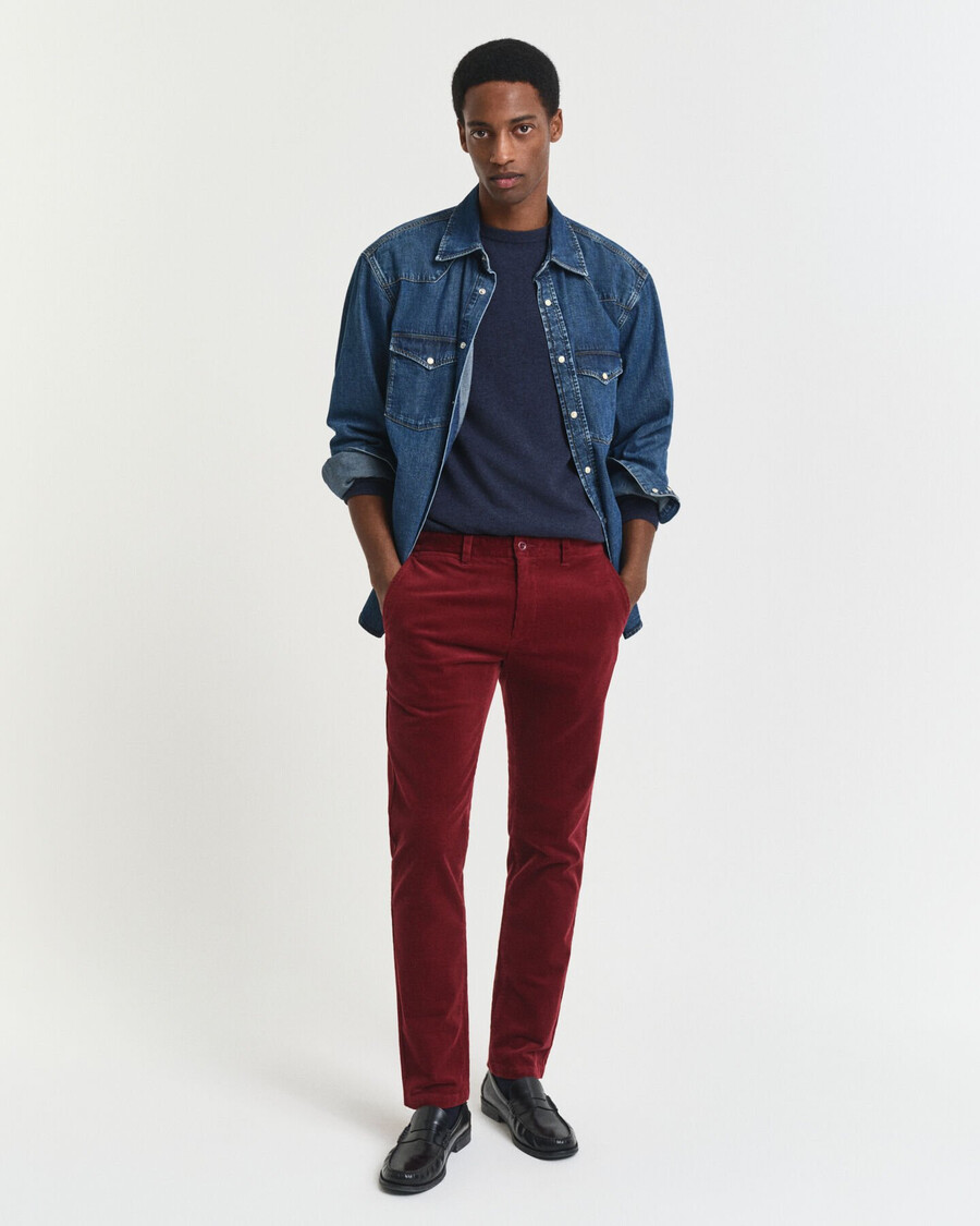 calça chino de veludo cotelê slim fit - vermelho encorpado