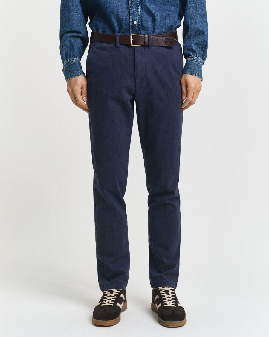 calça slim fit em algodão com estampa espinha de peixe - azul noite