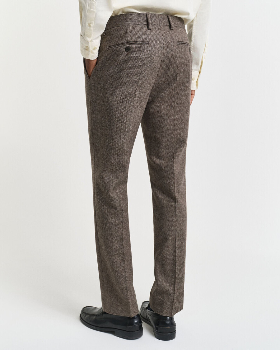 calça de fato de flanela com padrão espinha de peixe e corte slim - castanho escuro