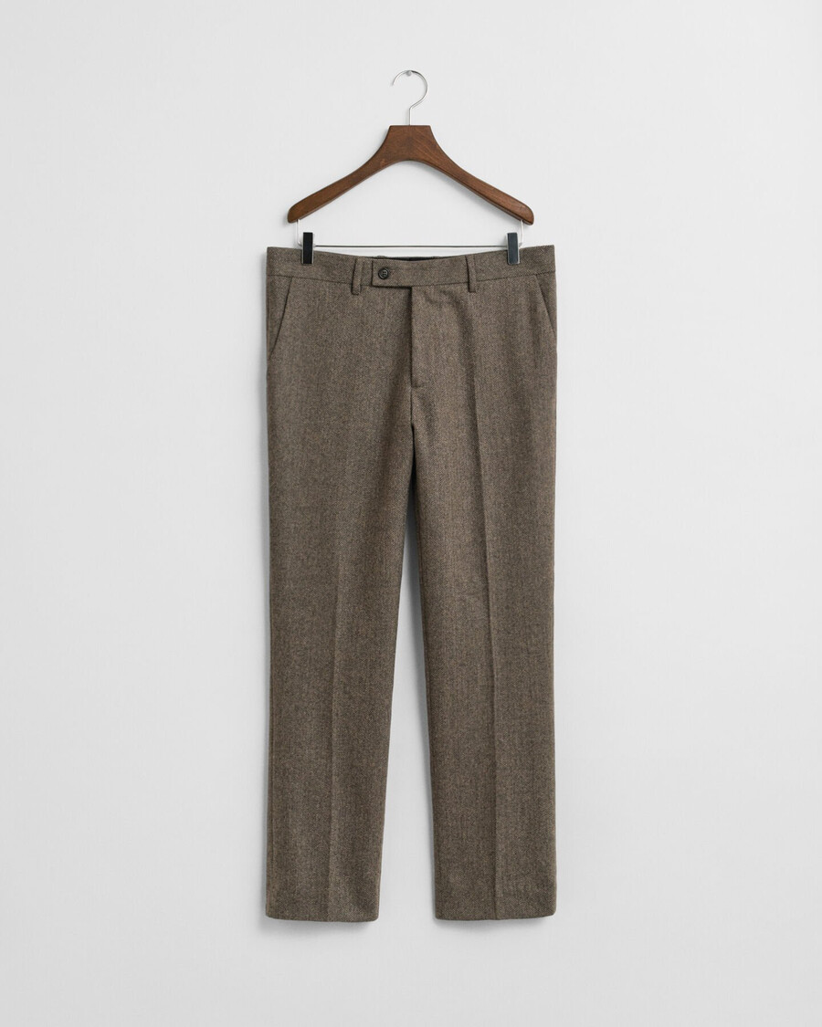 calça de fato de flanela com padrão espinha de peixe e corte slim - castanho escuro