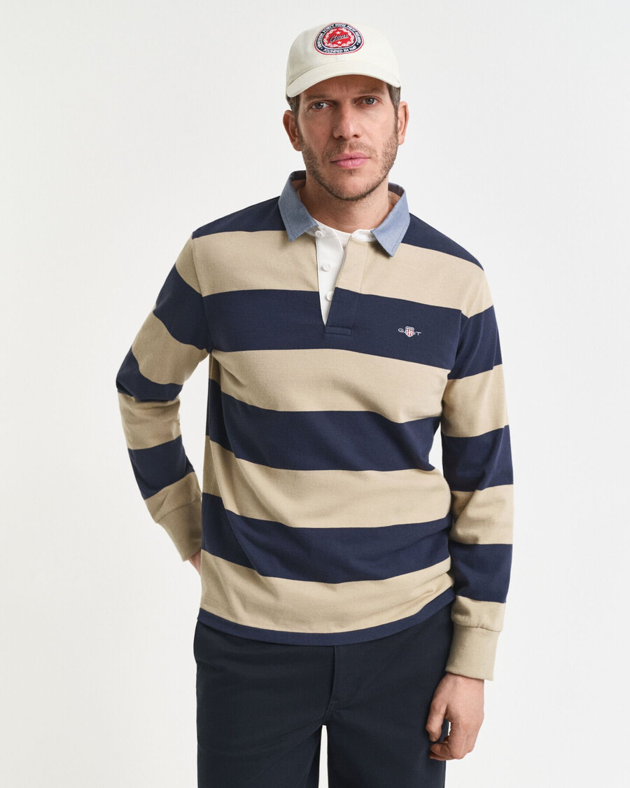 casaco rugger pesado listrado com gola chambray - bege madeira