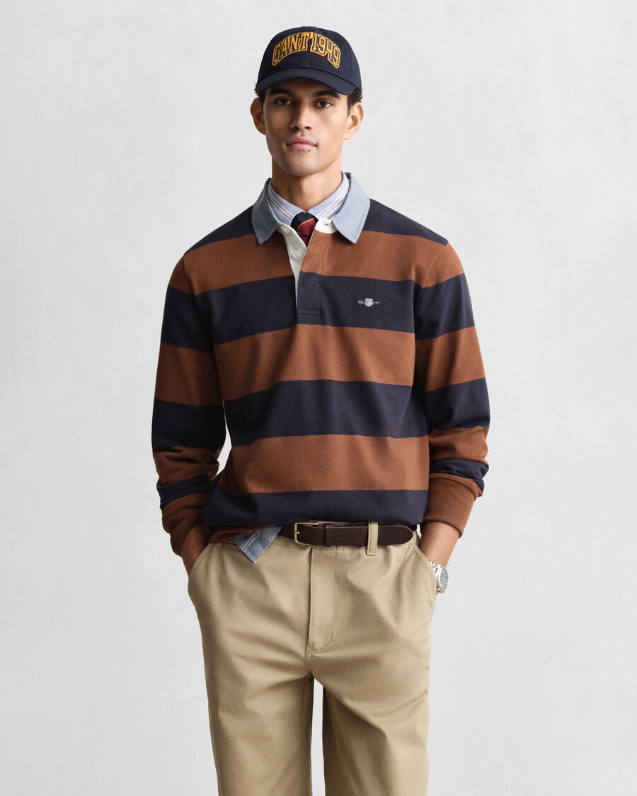 casaco rugger pesado listrado com gola chambray - marrom mogno