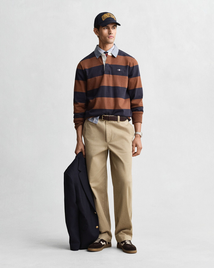 casaco rugger pesado listrado com gola chambray - marrom mogno