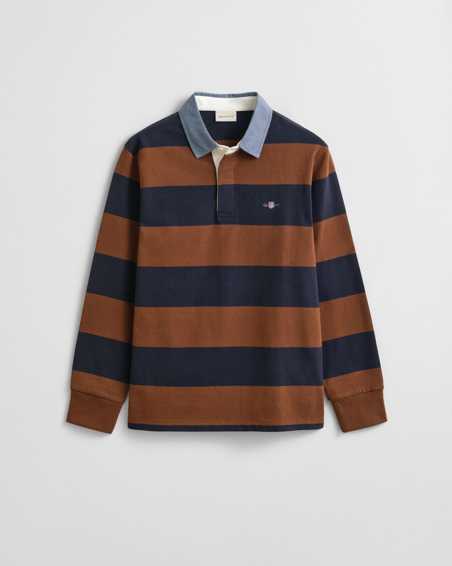 casaco rugger pesado listrado com gola chambray - marrom mogno