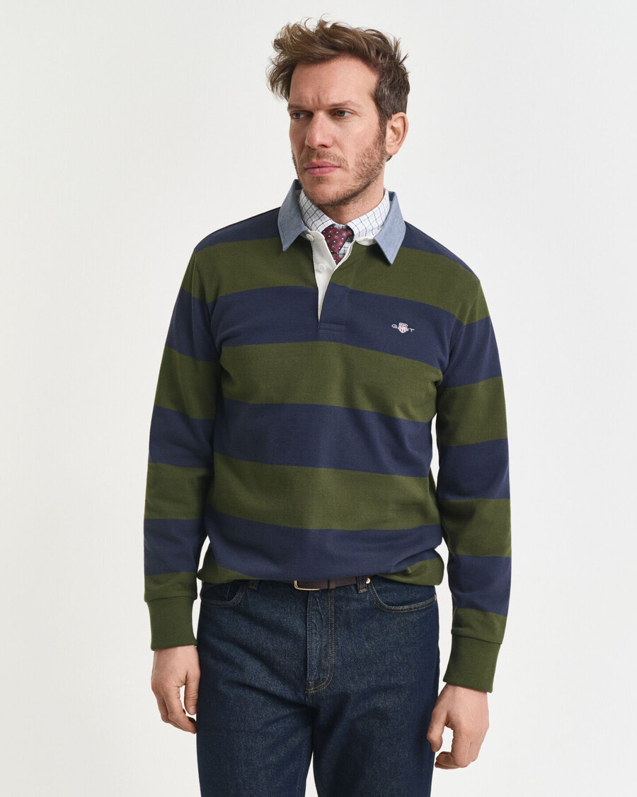 casaco rugger pesado listrado com gola chambray - verde campestre