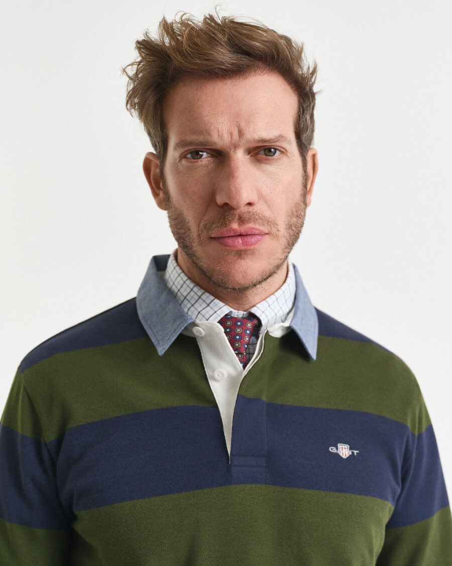 casaco rugger pesado listrado com gola chambray - verde campestre