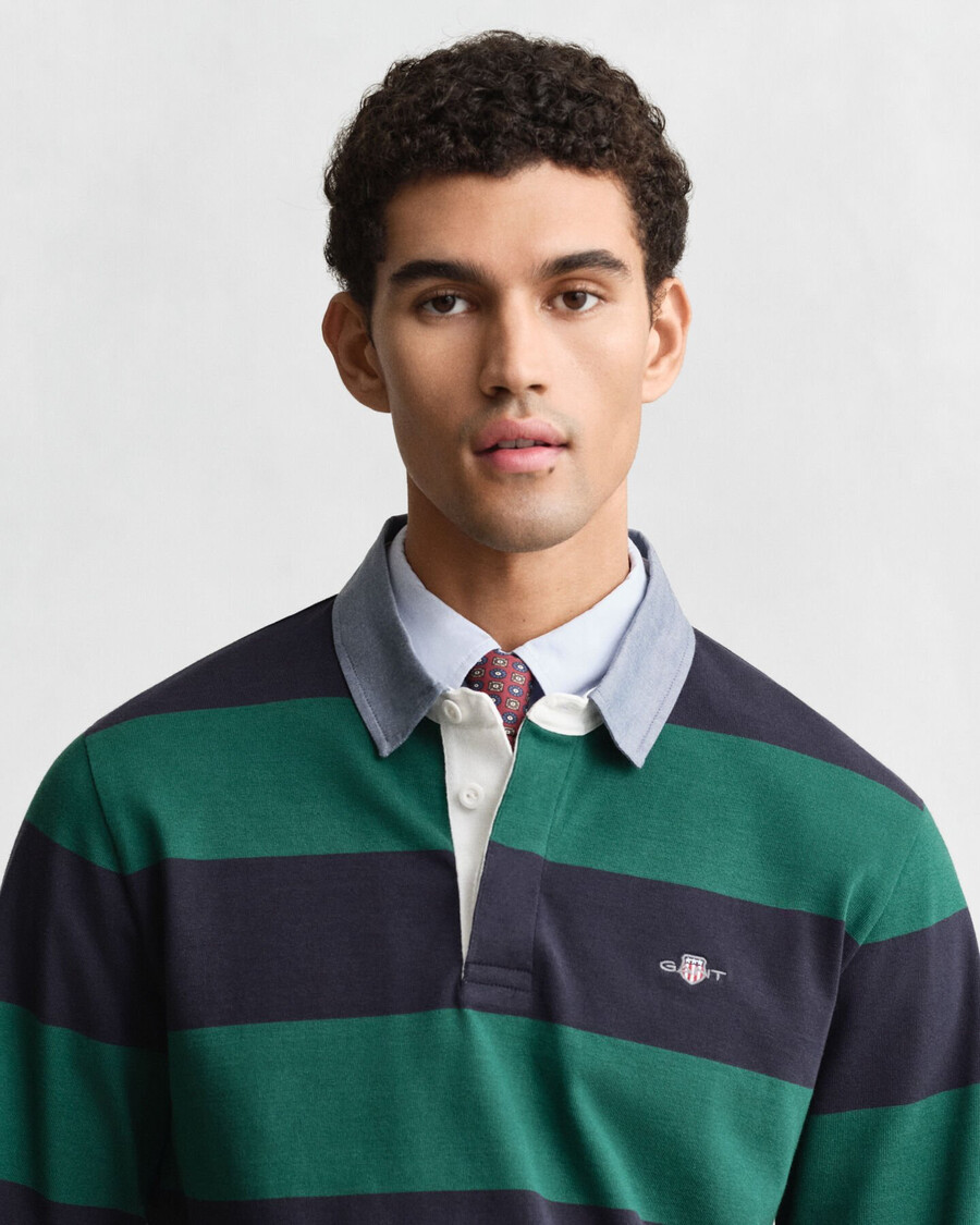 casaco rugger pesado listrado com gola chambray - verde floresta escuro