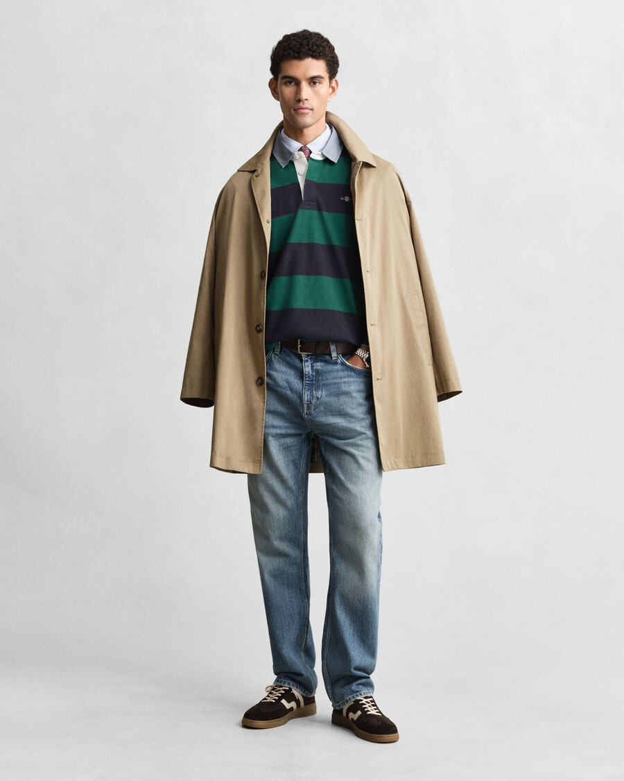 casaco rugger pesado listrado com gola chambray - verde floresta escuro