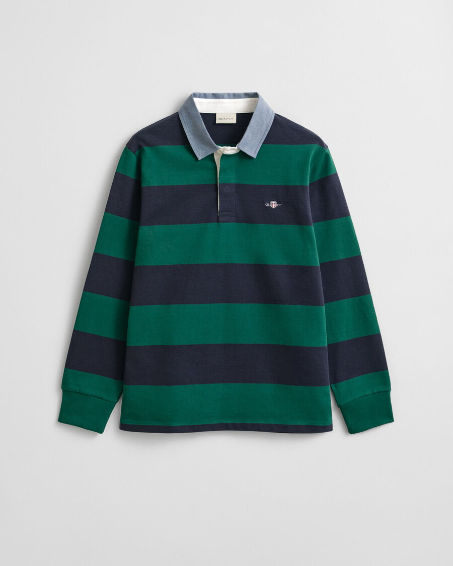 casaco rugger pesado listrado com gola chambray - verde floresta escuro