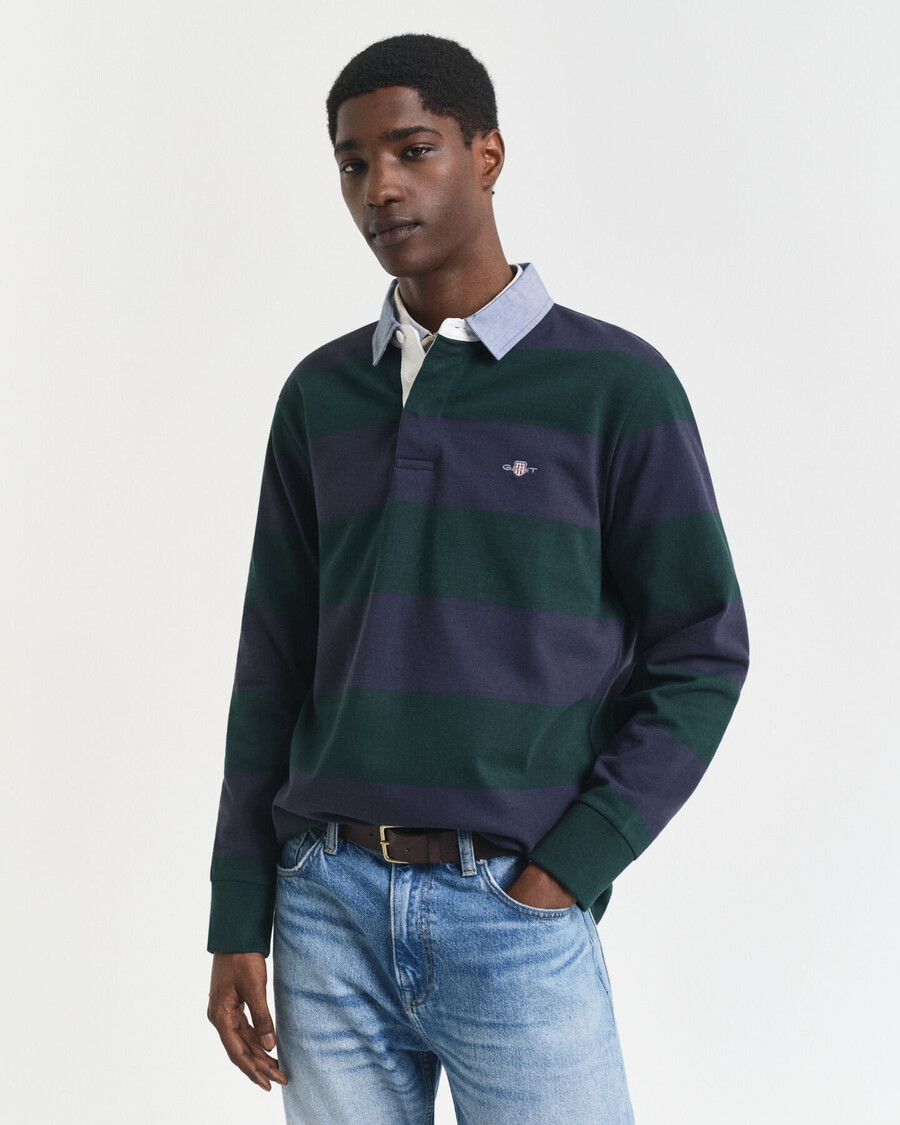 casaco rugger pesado listrado com gola chambray - verde tartan