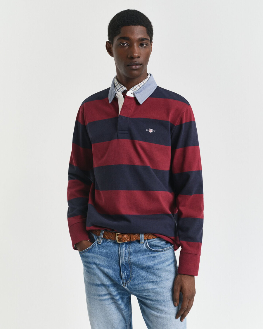 casaco rugger pesado listrado com gola chambray - vermelho encorpado