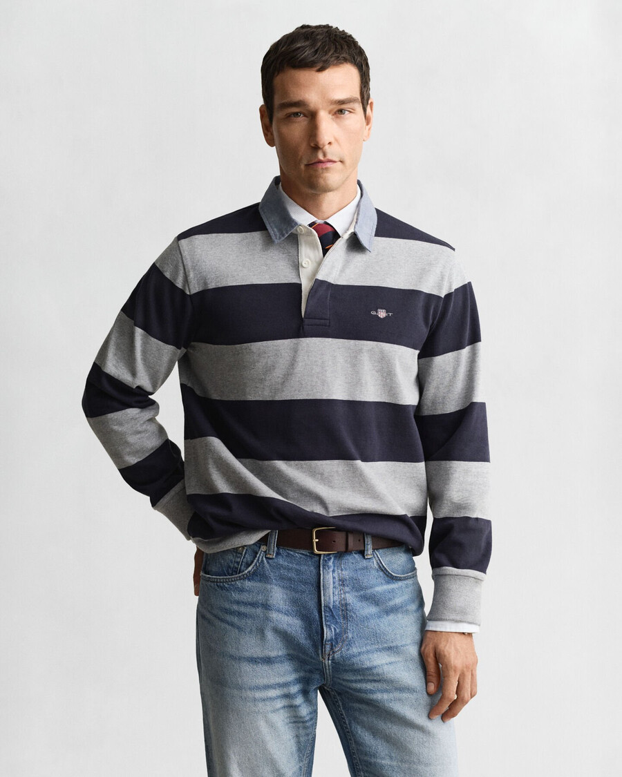 casaco rugger pesado listrado com gola chambray - cinza mesclado