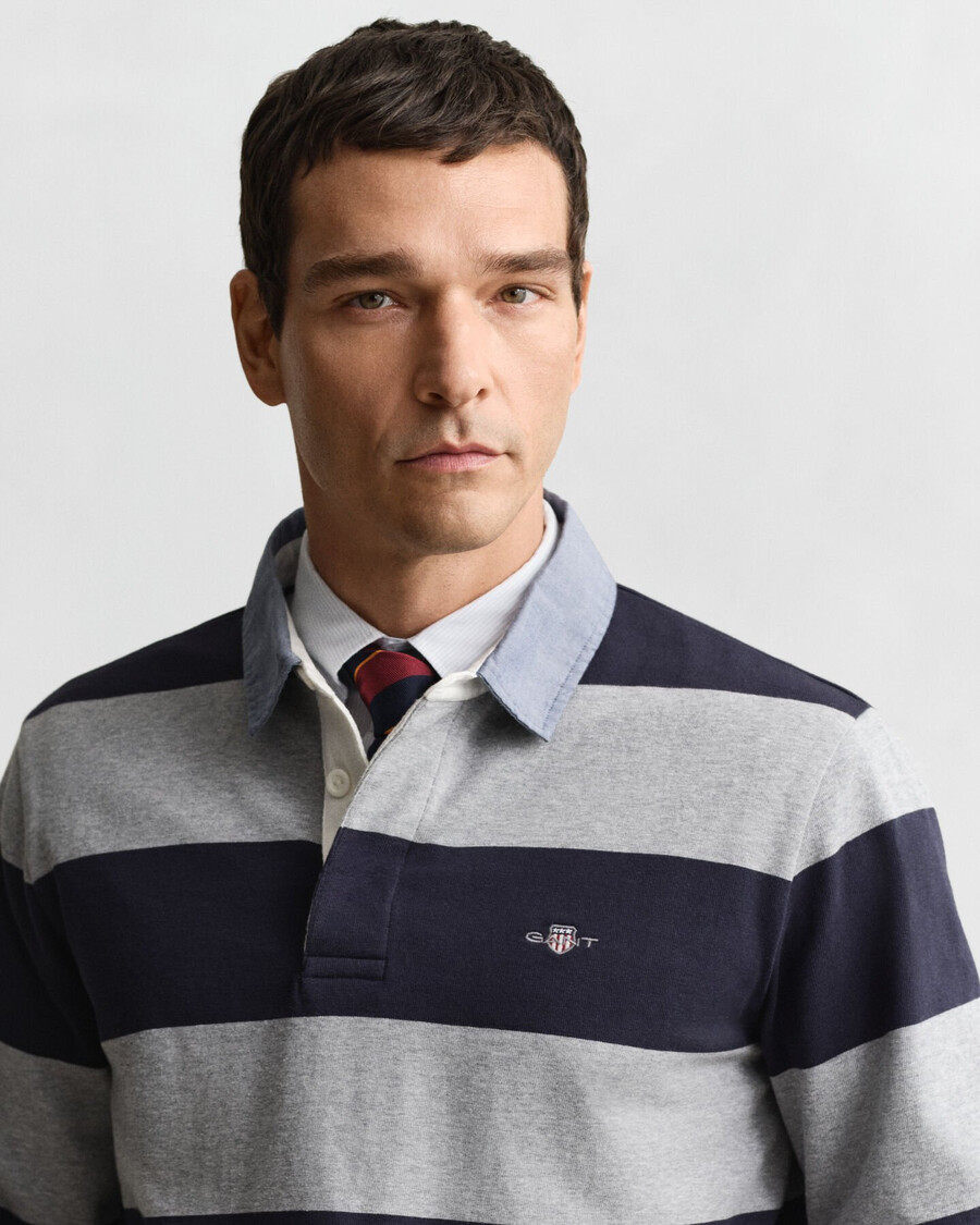 casaco rugger pesado listrado com gola chambray - cinza mesclado