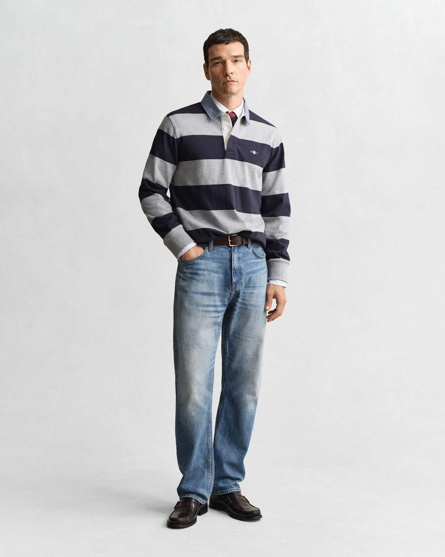 casaco rugger pesado listrado com gola chambray - cinza mesclado