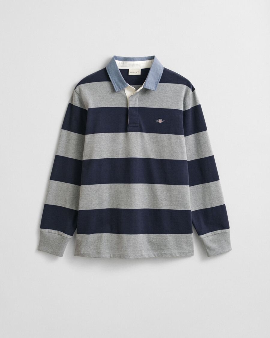 casaco rugger pesado listrado com gola chambray - cinza mesclado