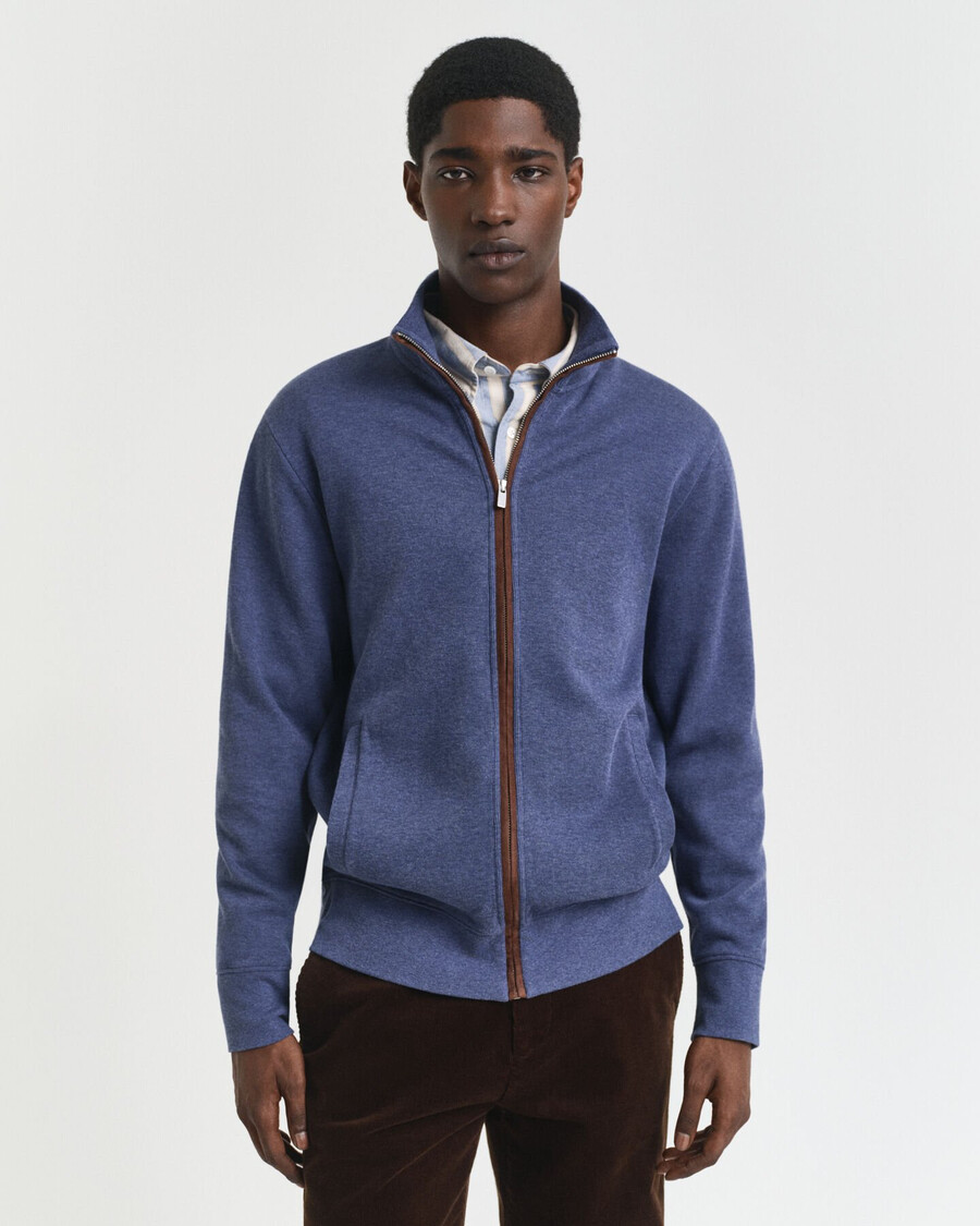 cardigã sacker rib zip - jeans escuro mesclado