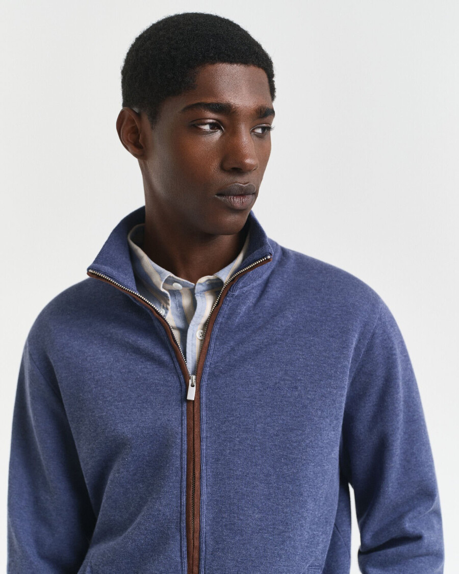 cardigã sacker rib zip - jeans escuro mesclado
