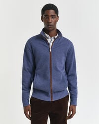 cardigã sacker rib zip - jeans escuro mesclado
