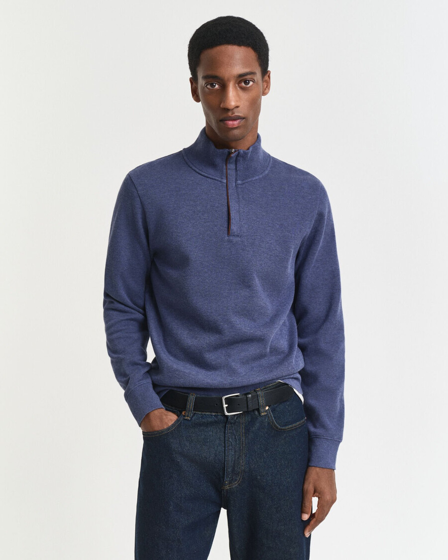 moletom sacker rib com meio zíper - jeans escuro mesclado