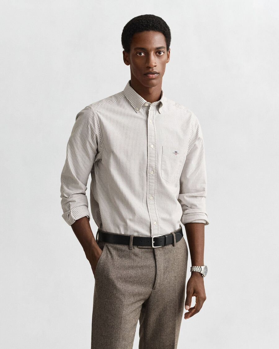 camisa oxford clássica com risca bancária e corte regular - marrom mogno