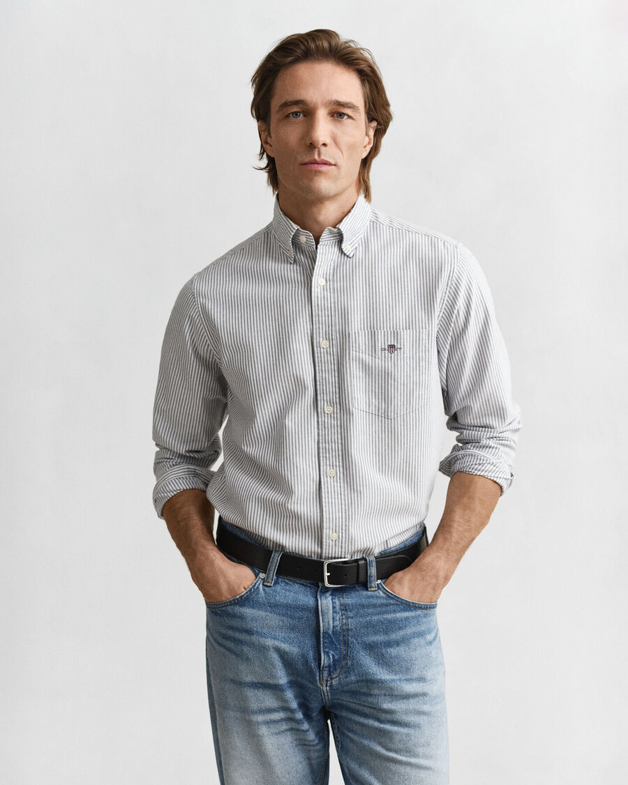 camisa oxford clássica com riscas brancas e corte regular - azul persa