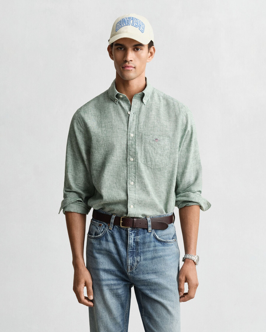 camisa de algodão e linho de corte regular - verde woody