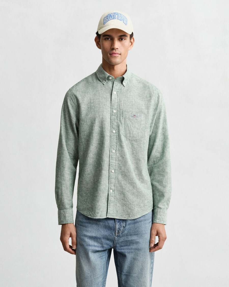 camisa de algodão e linho de corte regular - verde woody