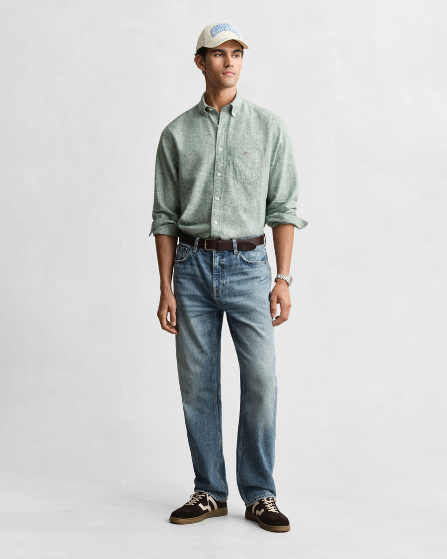 camisa de algodão e linho de corte regular - verde woody