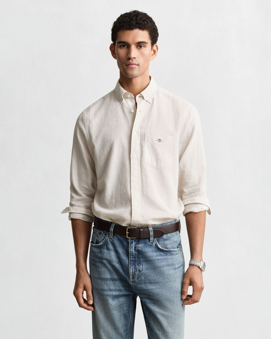camisa de algodão e linho de corte regular - cor bege