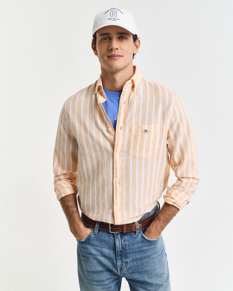 camisa listrada de algodão e linho com modelagem regular - laranja pêssego