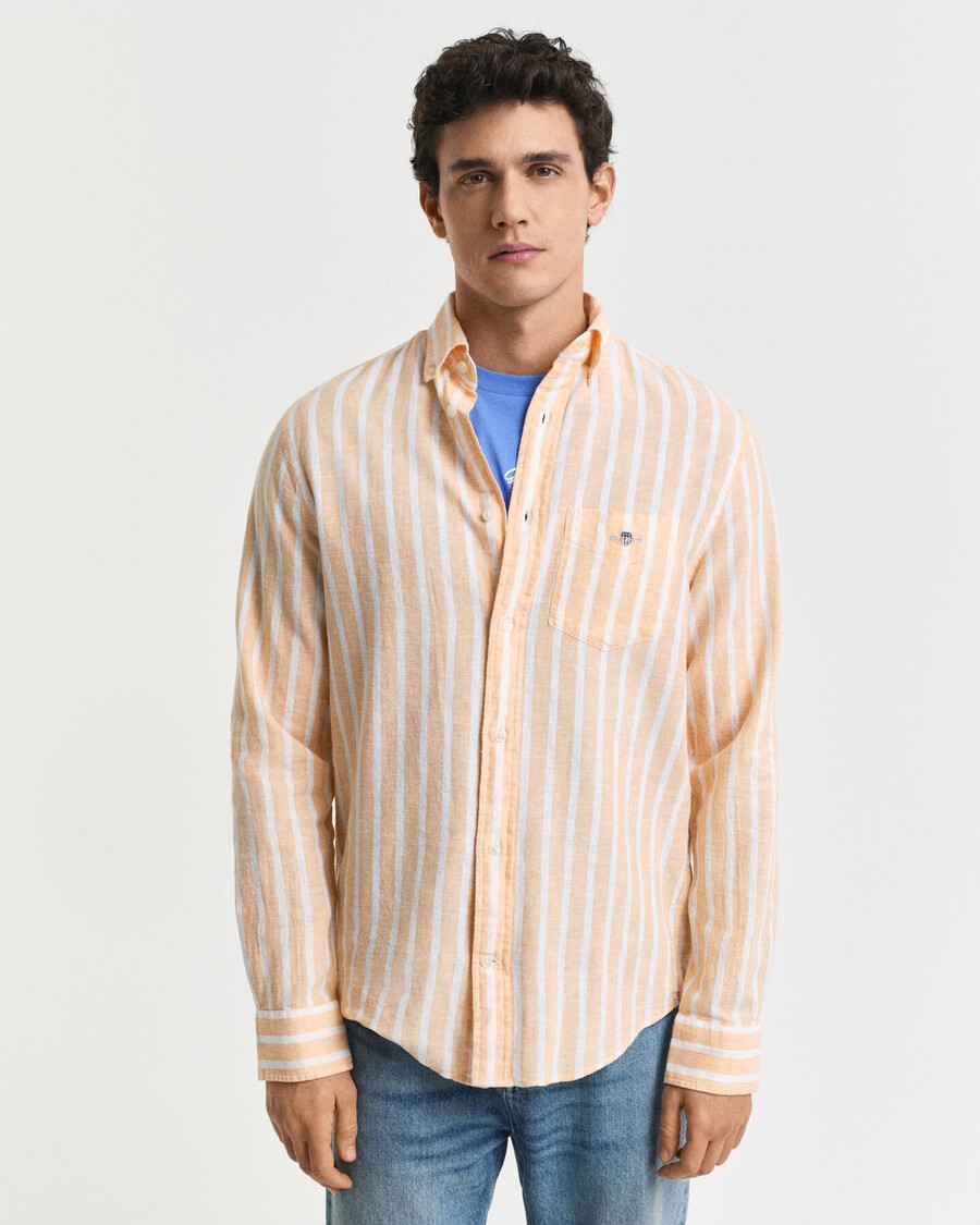 camisa listrada de algodão e linho com modelagem regular - laranja pêssego