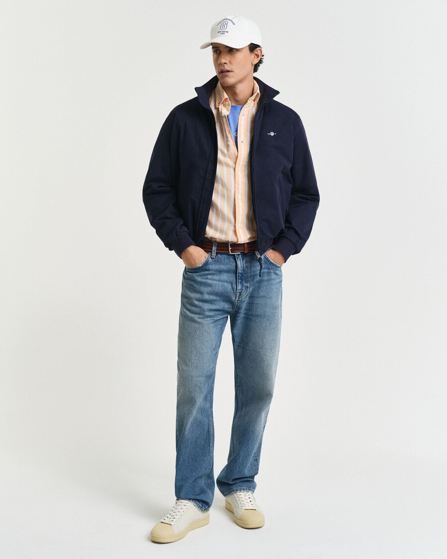 camisa listrada de algodão e linho com modelagem regular - laranja pêssego