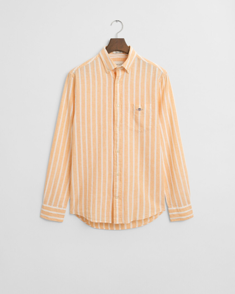 camisa listrada de algodão e linho com modelagem regular - laranja pêssego