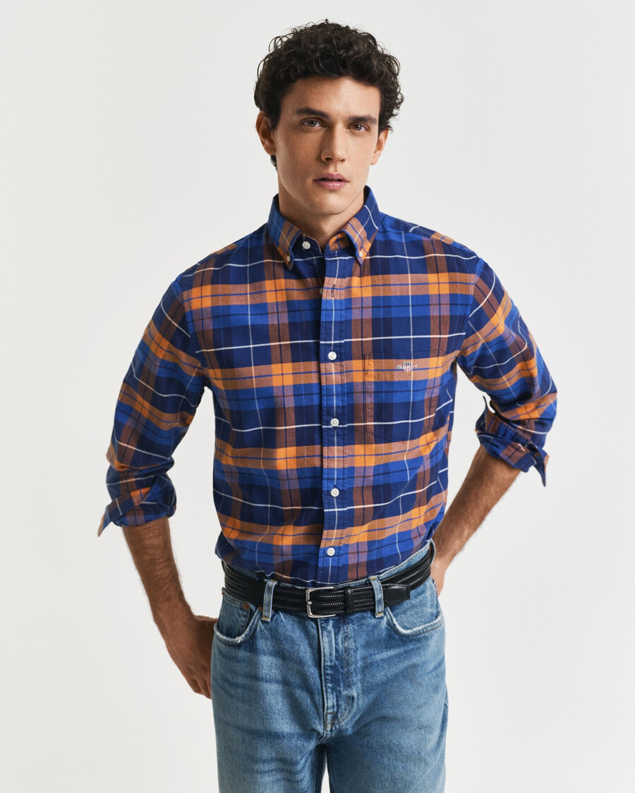 camisa oxford clássica xadrez de corte regular - laranja bronze